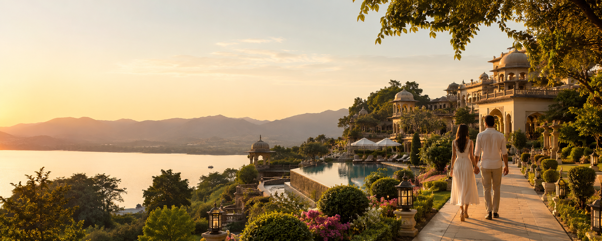 Guests enjoying luxury terrace with mountain view at sunset