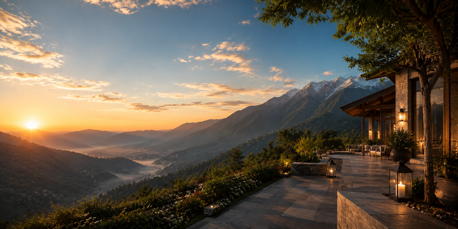 Guests enjoying luxury terrace with mountain view at sunset