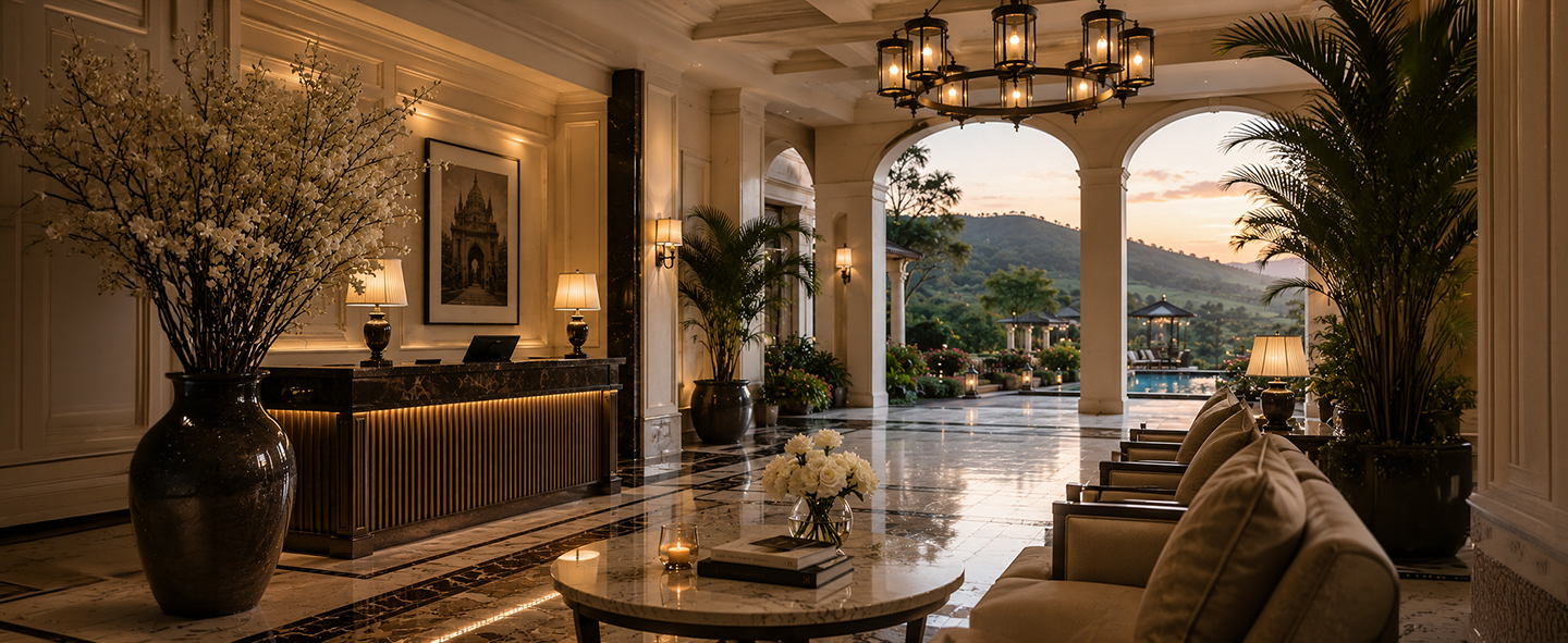 Guests enjoying luxury terrace with mountain view at sunset