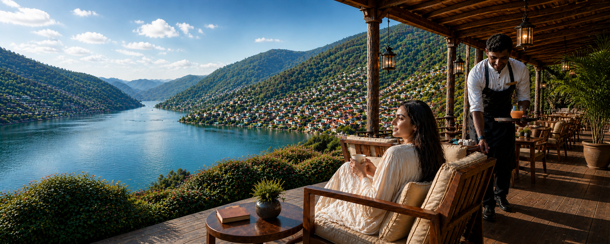 Luxury hotel terrace overlooking mountain lake