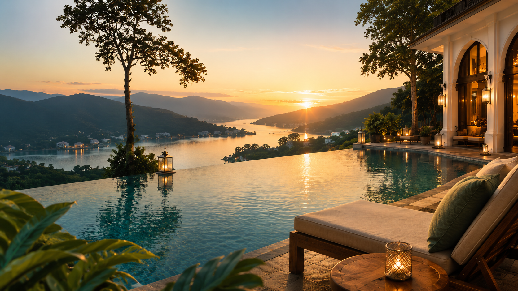 Guests enjoying luxury terrace with mountain view at sunset