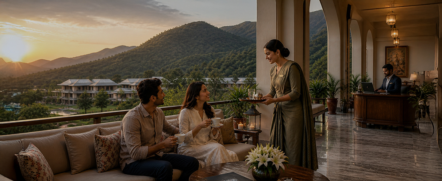 Guests enjoying luxury terrace with mountain view at sunset