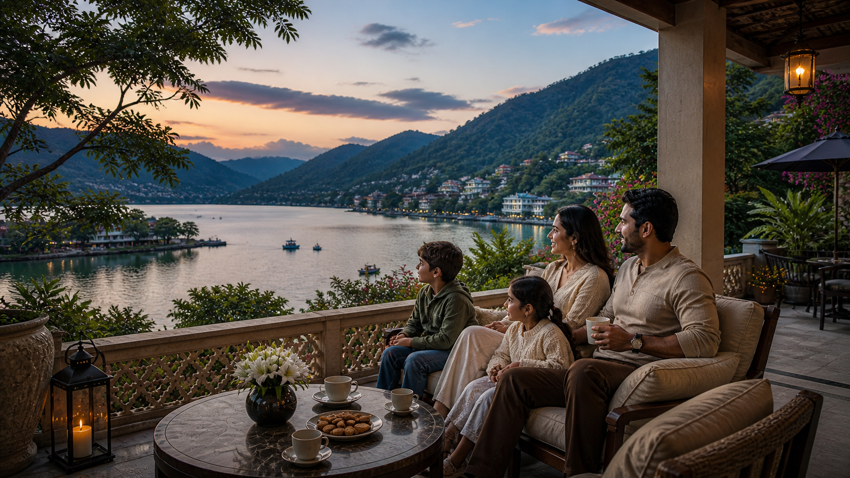 Family enjoying luxury terrace with mountain lake view at sunset