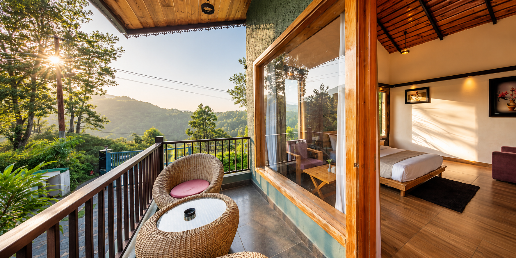 Guests enjoying luxury terrace with mountain view at sunset