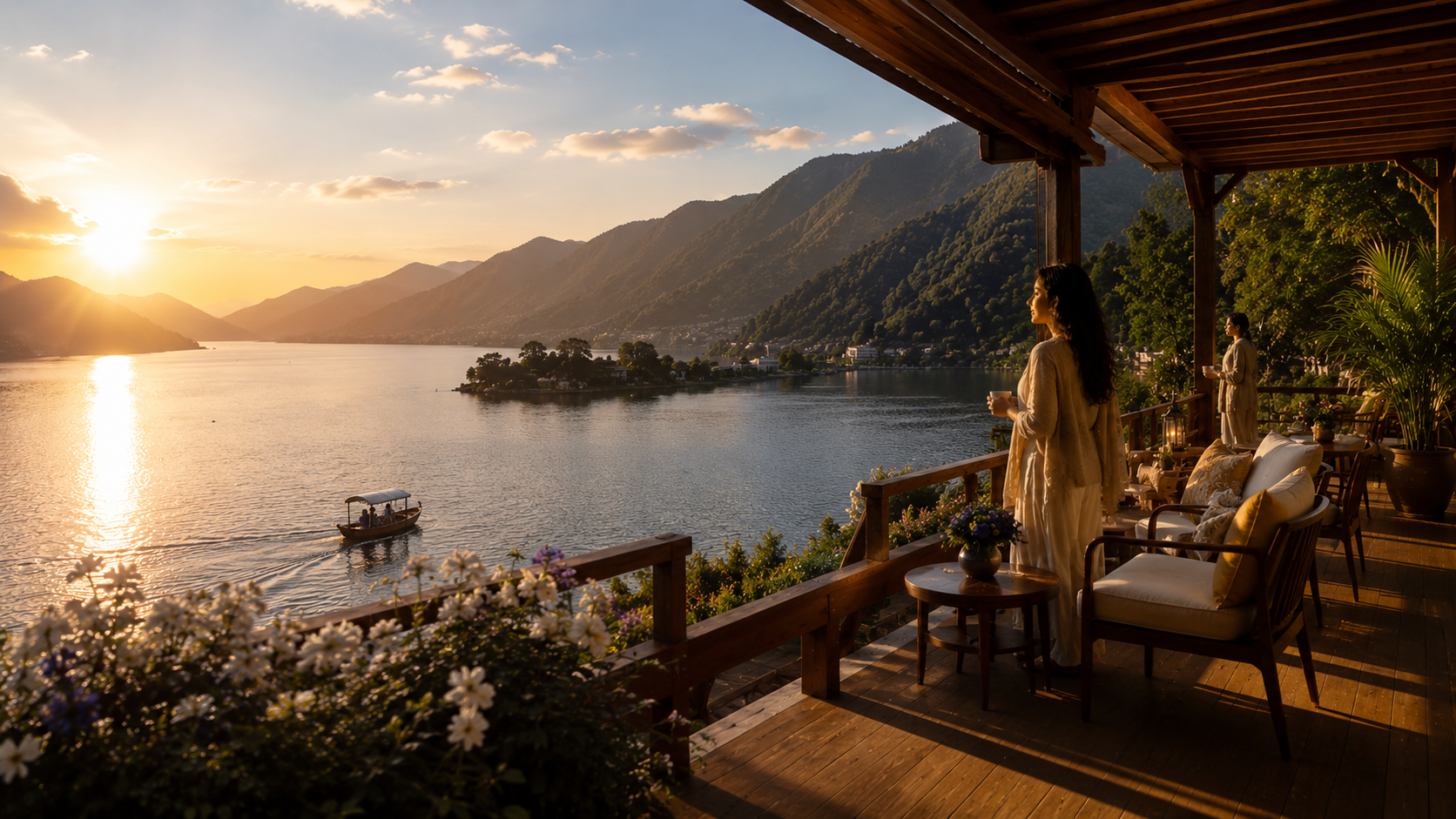 Guests enjoying luxury terrace with mountain view at sunset